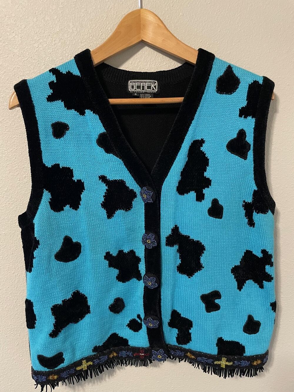 Berek Sweater Vest Womens Small Blue Black Cow Print Button Up Fringe Artsy